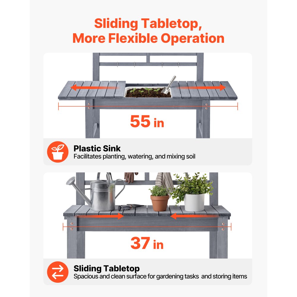 VEVOR Potting Bench Table, Outdoor Gardening Workstation with Sink, 37-55in Adjustable Wood Tabletop, Garden Work Station with Storage Shelves, Hooks for Patio, Backyard, Classic Grey