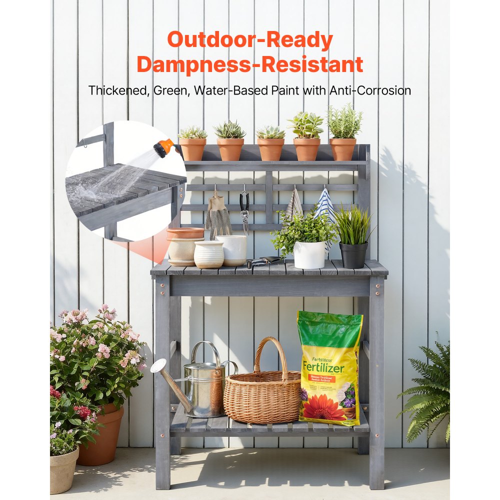 VEVOR Potting Bench Table, Outdoor Gardening Workstation with Sink, 37-55in Adjustable Wood Tabletop, Garden Work Station with Storage Shelves, Hooks for Patio, Backyard, Classic Grey