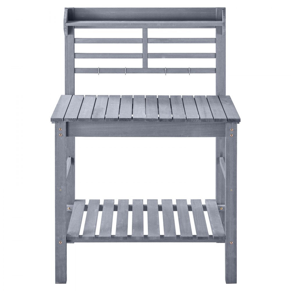 VEVOR Potting Bench Table, Outdoor Gardening Workstation with Sink, 37-55in Adjustable Wood Tabletop, Garden Work Station with Storage Shelves, Hooks for Patio, Backyard, Classic Grey