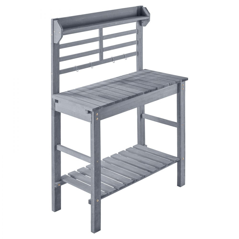 VEVOR Potting Bench Table, Outdoor Gardening Workstation with Sink, 37-55in Adjustable Wood Tabletop, Garden Work Station with Storage Shelves, Hooks for Patio, Backyard, Classic Grey