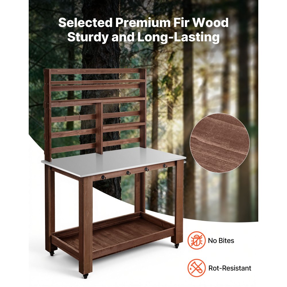 VEVOR Potting Bench Table, Outdoor Gardening Workstation with 45 x 26 in Stainless Steel Tabletop, Storage Shelves, 4 Casters, Hooks, Garden Planting Work Station for Outside Patio, Backyard, Brown