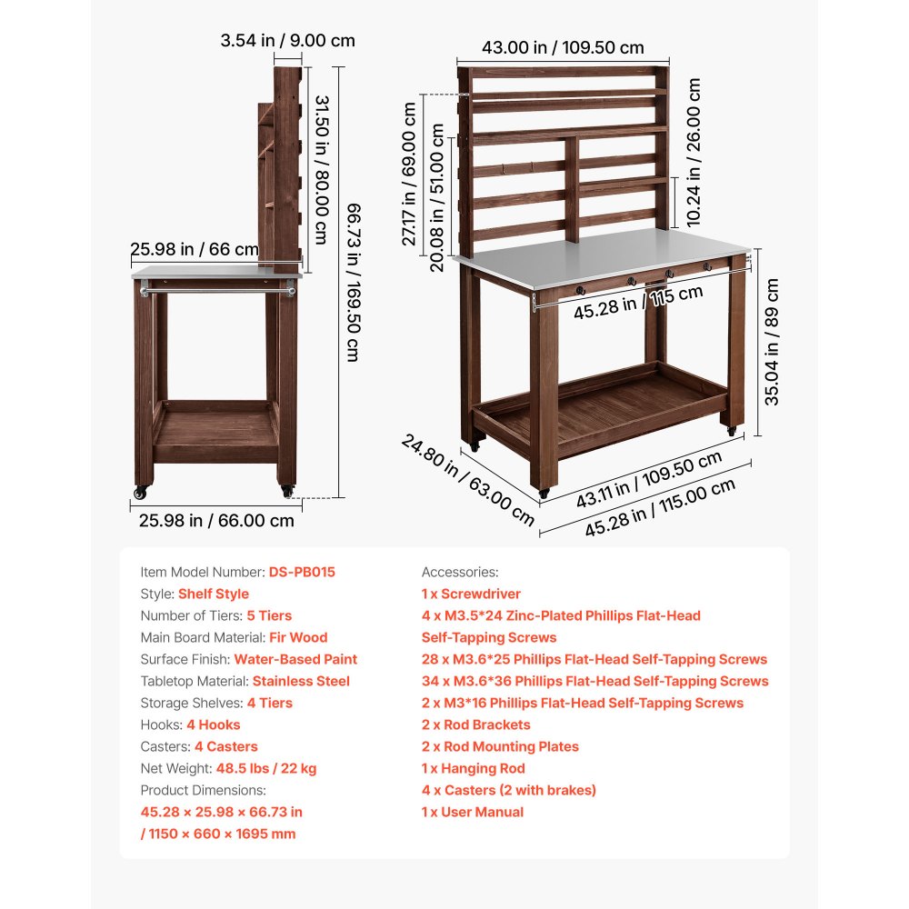 VEVOR Potting Bench Table, Outdoor Gardening Workstation with 45 x 26 in Stainless Steel Tabletop, Storage Shelves, 4 Casters, Hooks, Garden Planting Work Station for Outside Patio, Backyard, Brown