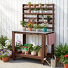 VEVOR Potting Bench Table, Outdoor Gardening Workstation with 45 x 26 in Stainless Steel Tabletop, Storage Shelves, 4 Casters, Hooks, Garden Planting Work Station for Outside Patio, Backyard, Brown