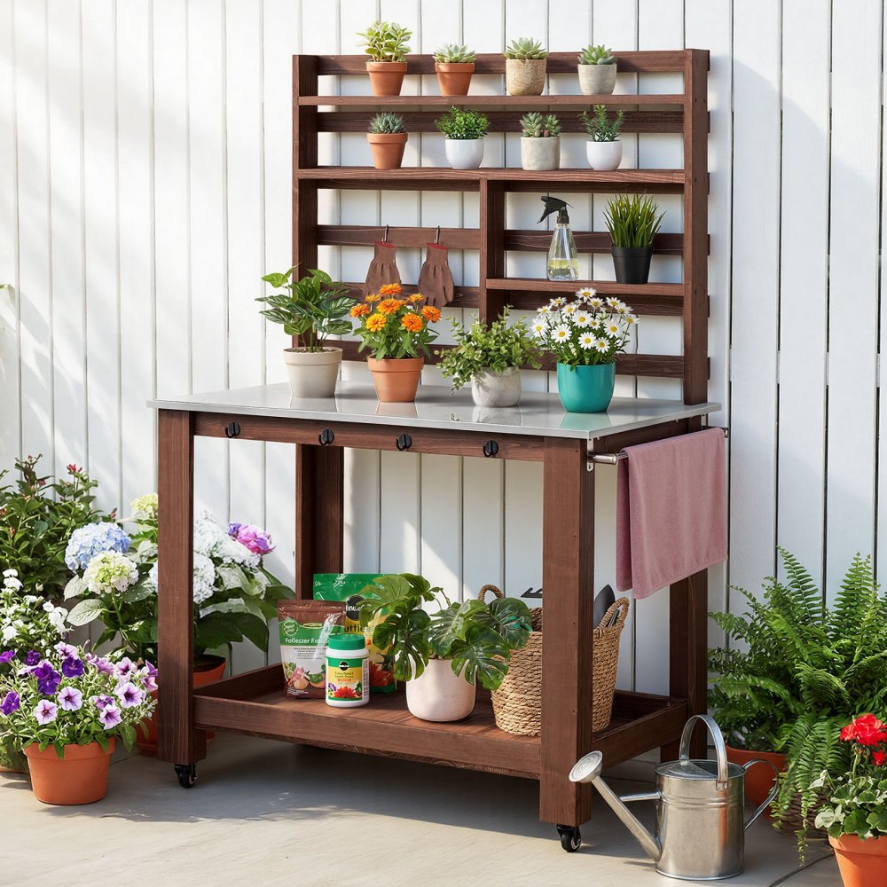 VEVOR Potting Bench Table, Outdoor Gardening Workstation with 45 x 26 in Stainless Steel Tabletop, Storage Shelves, 4 Casters, Hooks, Garden Planting Work Station for Outside Patio, Backyard, Brown