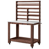 VEVOR Potting Bench Table, Outdoor Gardening Workstation with 45 x 26 in Stainless Steel Tabletop, Storage Shelves, 4 Casters, Hooks, Garden Planting Work Station for Outside Patio, Backyard, Brown