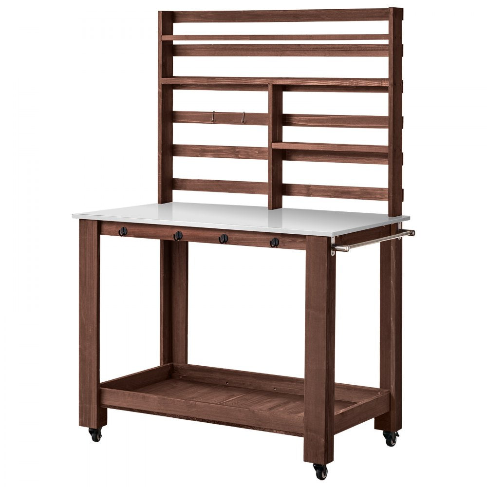 VEVOR Potting Bench Table, Outdoor Gardening Workstation with 45 x 26 in Stainless Steel Tabletop, Storage Shelves, 4 Casters, Hooks, Garden Planting Work Station for Outside Patio, Backyard, Brown