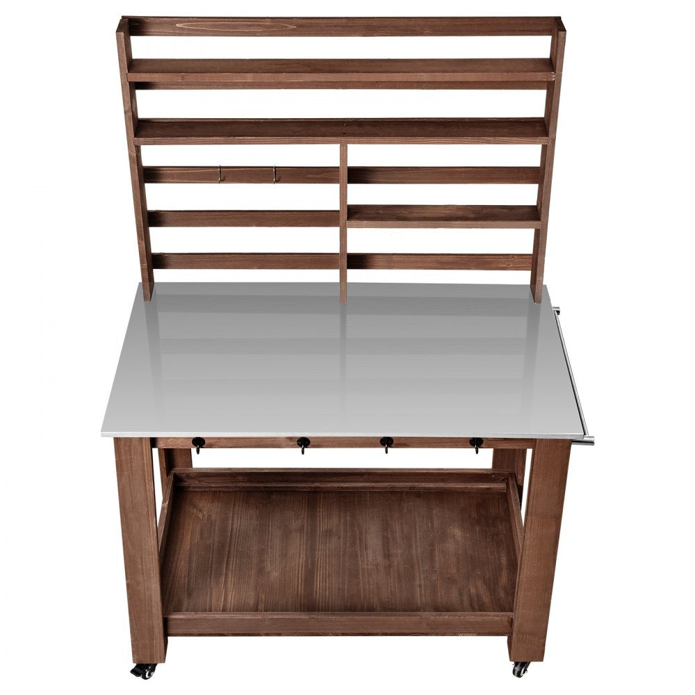 VEVOR Potting Bench Table, Outdoor Gardening Workstation with 45 x 26 in Stainless Steel Tabletop, Storage Shelves, 4 Casters, Hooks, Garden Planting Work Station for Outside Patio, Backyard, Brown