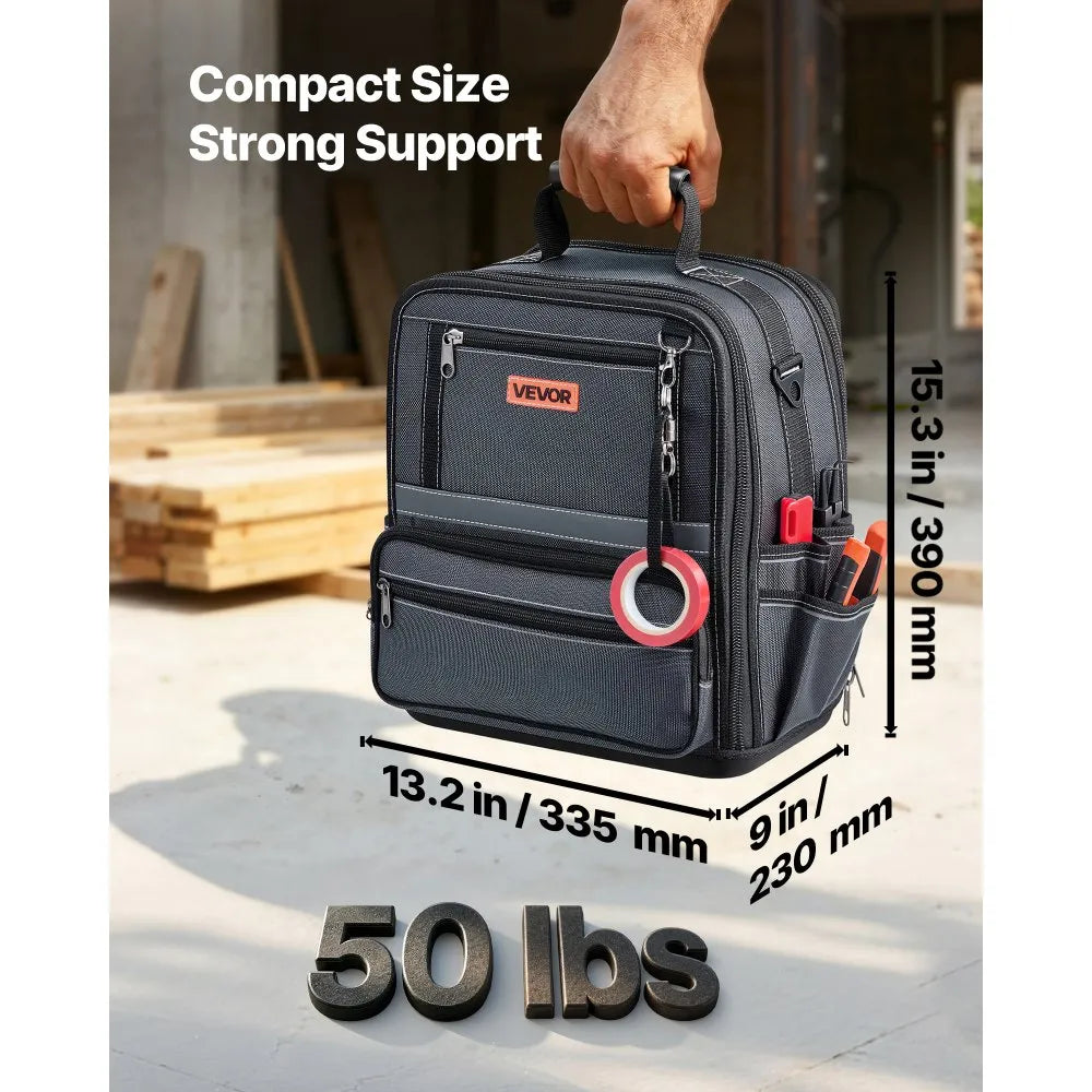 VEVOR Tool Bag, 13.2 Inch, 34-Pocket Portable Large Tool Box Organizer Storage, Carry Toolbox with Hard Plastic Base, Large Zipper, Adjustable Shoulder Strap, for Men Women Dad Husband Fathers Day