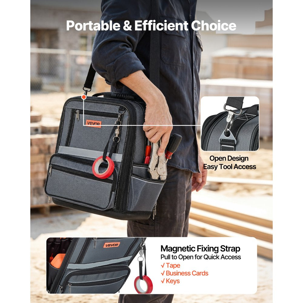 VEVOR Tool Bag, 13.2 Inch, 34-Pocket Portable Large Tool Box Organizer Storage, Carry Toolbox with Hard Plastic Base, Large Zipper, Adjustable Shoulder Strap, for Men Women Dad Husband Fathers Day