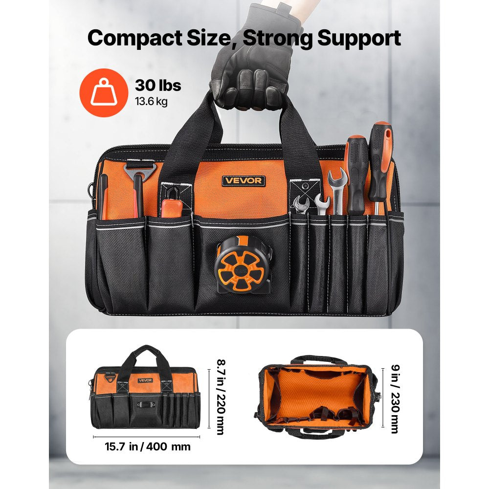 VEVOR Tool Bag, 15.7 Inch, 33-Pocket Portable Tool Box Organizer Storage, Toolbox with Soft Handle, Large Zipper, Adjustable Shoulder Strap, Carrying Toolbag, for Men Women Dad Husband Fathers Day