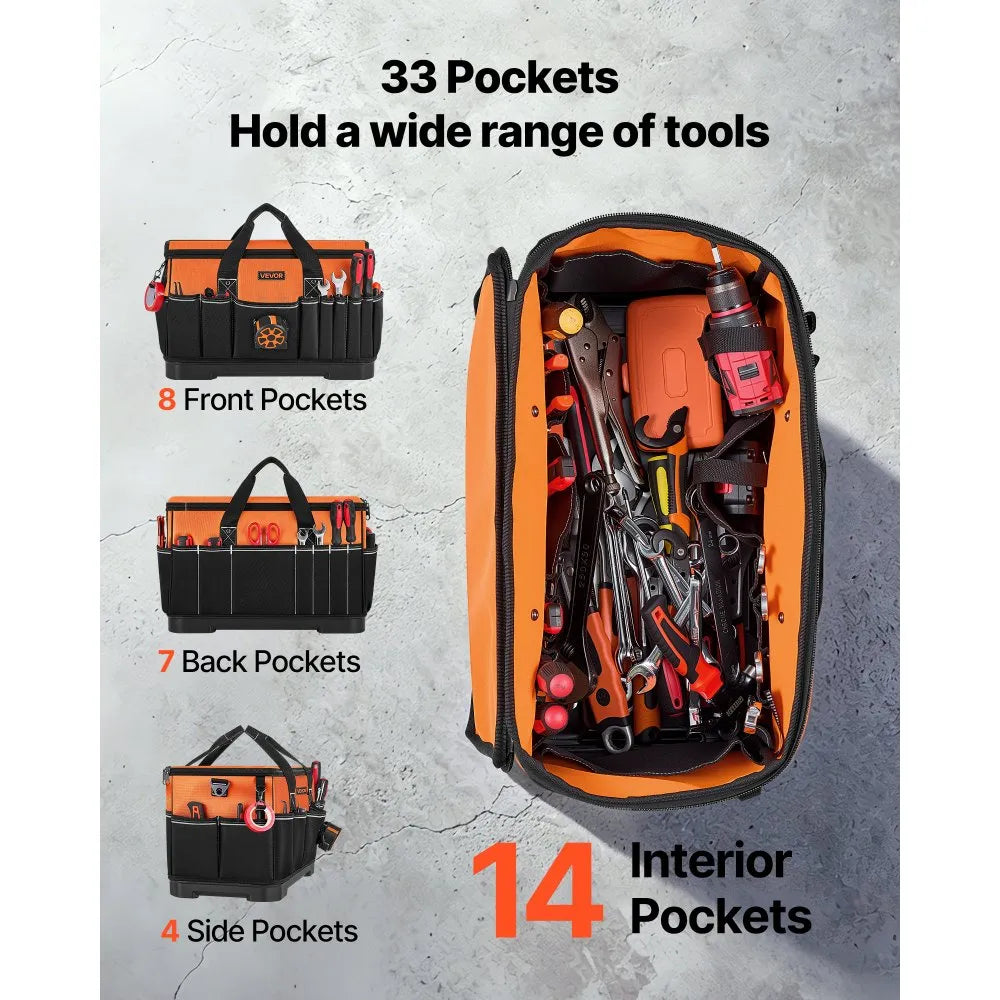 VEVOR Tool Bag, 19.1 Inch, 33-Pocket Portable Large Tool Box Organizer Storage, Toolbox with Water-Resistant Base, Zipper, Adjustable Shoulder Strap Toolbag, for Men Women Dad Husband Fathers Day