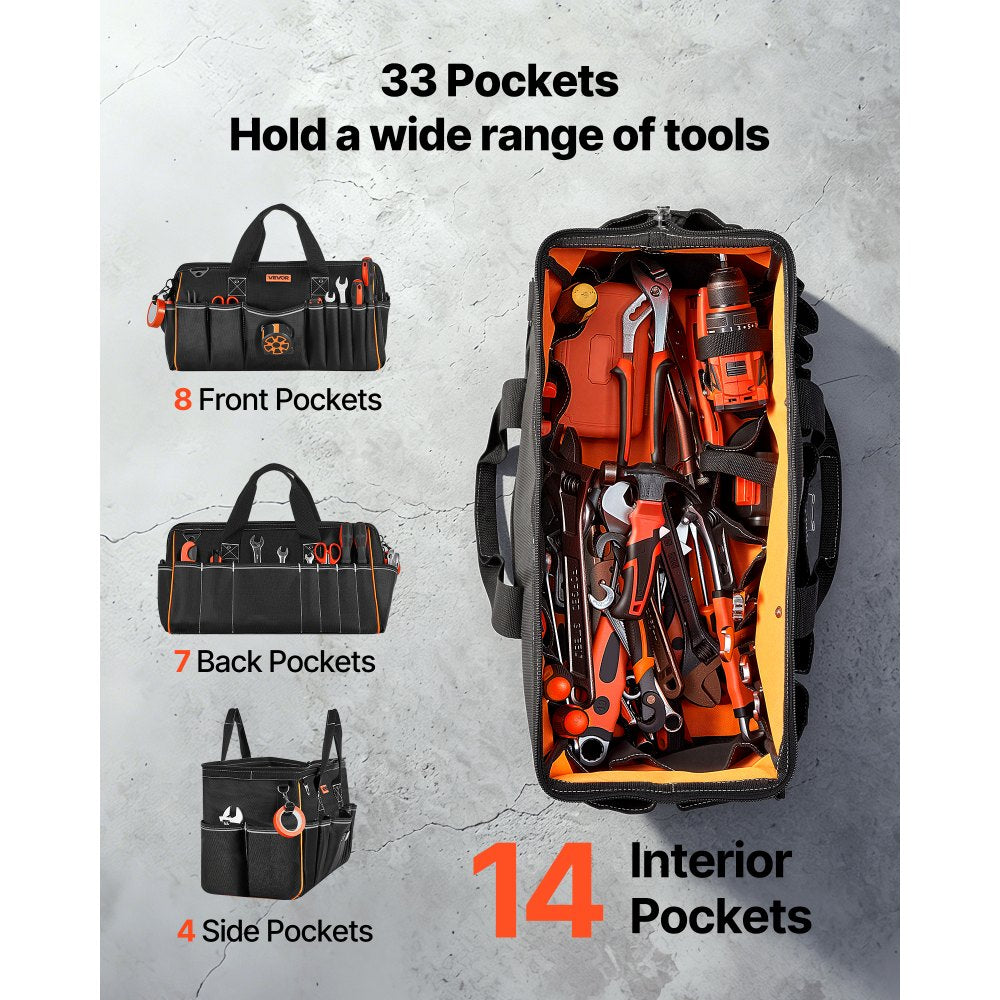 VEVOR Tool Bag, 20 Inch, 33-Pocket Portable Large Tool Box Organizer Storage, Toolbox with Big Zipper, Adjustable Shoulder Strap, Water-Resistant Carry Toolbag, for Men Women Dad Husband Fathers Day