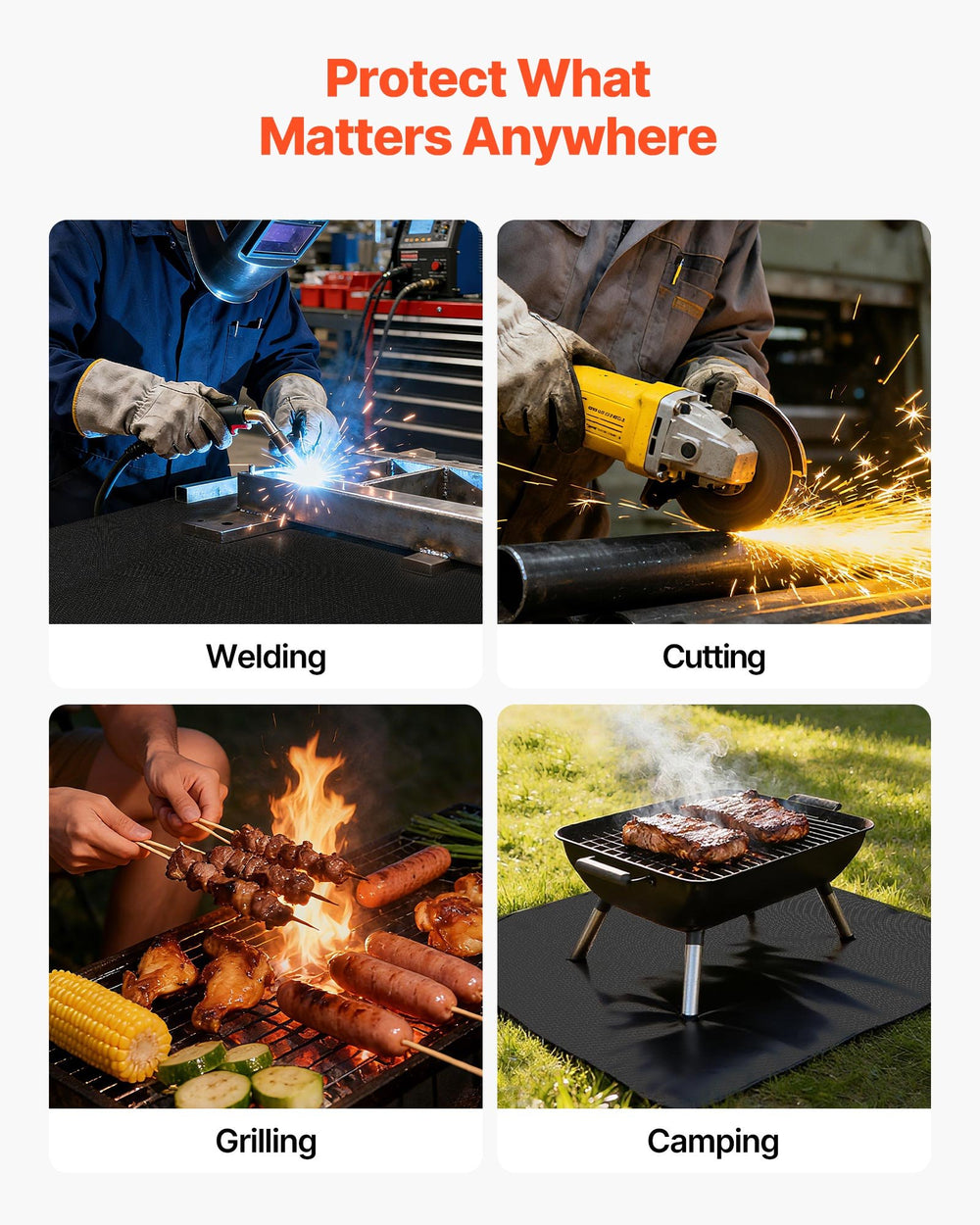 VEVOR Welding Blanket Roll infographic - Protect what matters anywhere (welding, cutting, grilling, camping)