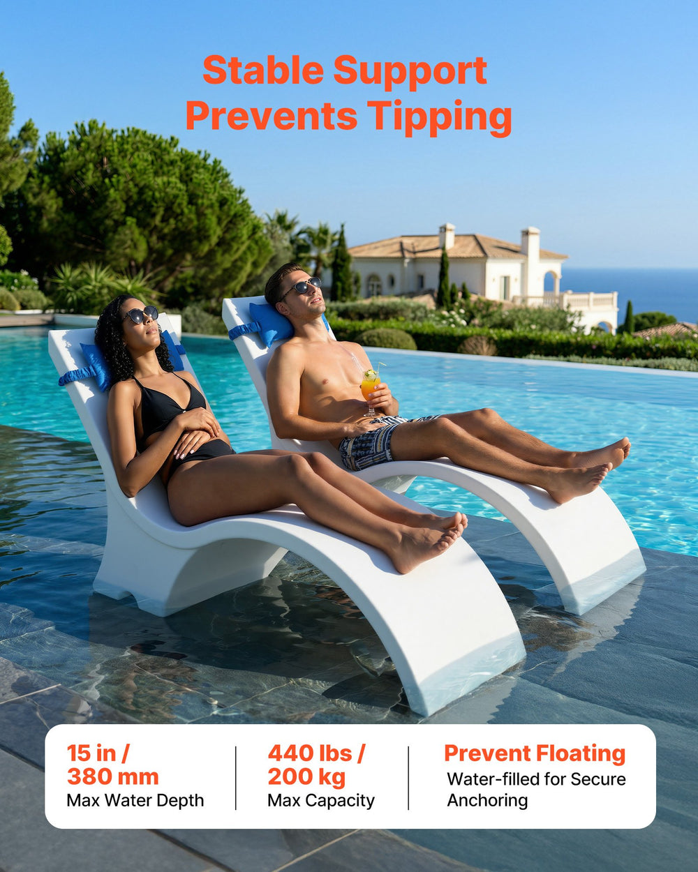 VEVOR pool lounge chairs stable support prevents tipping infographic
