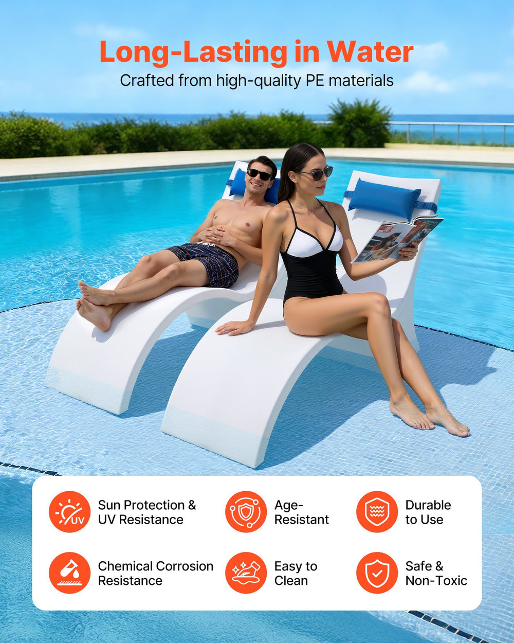 VEVOR pool loungers long-lasting in water PE materials infographic