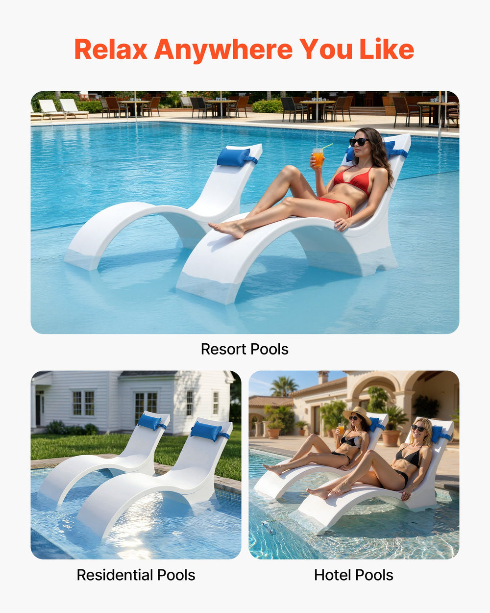 VEVOR pool lounge chairs relax anywhere you like resort residential hotel pools infographic