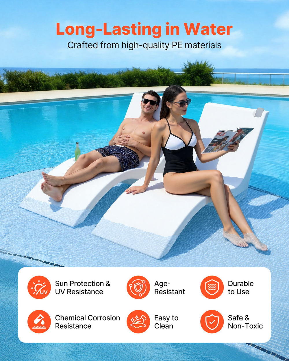 VEVOR pool lounge chairs (set of 2) - long-lasting in water, PE material, UV and chemical resistance
