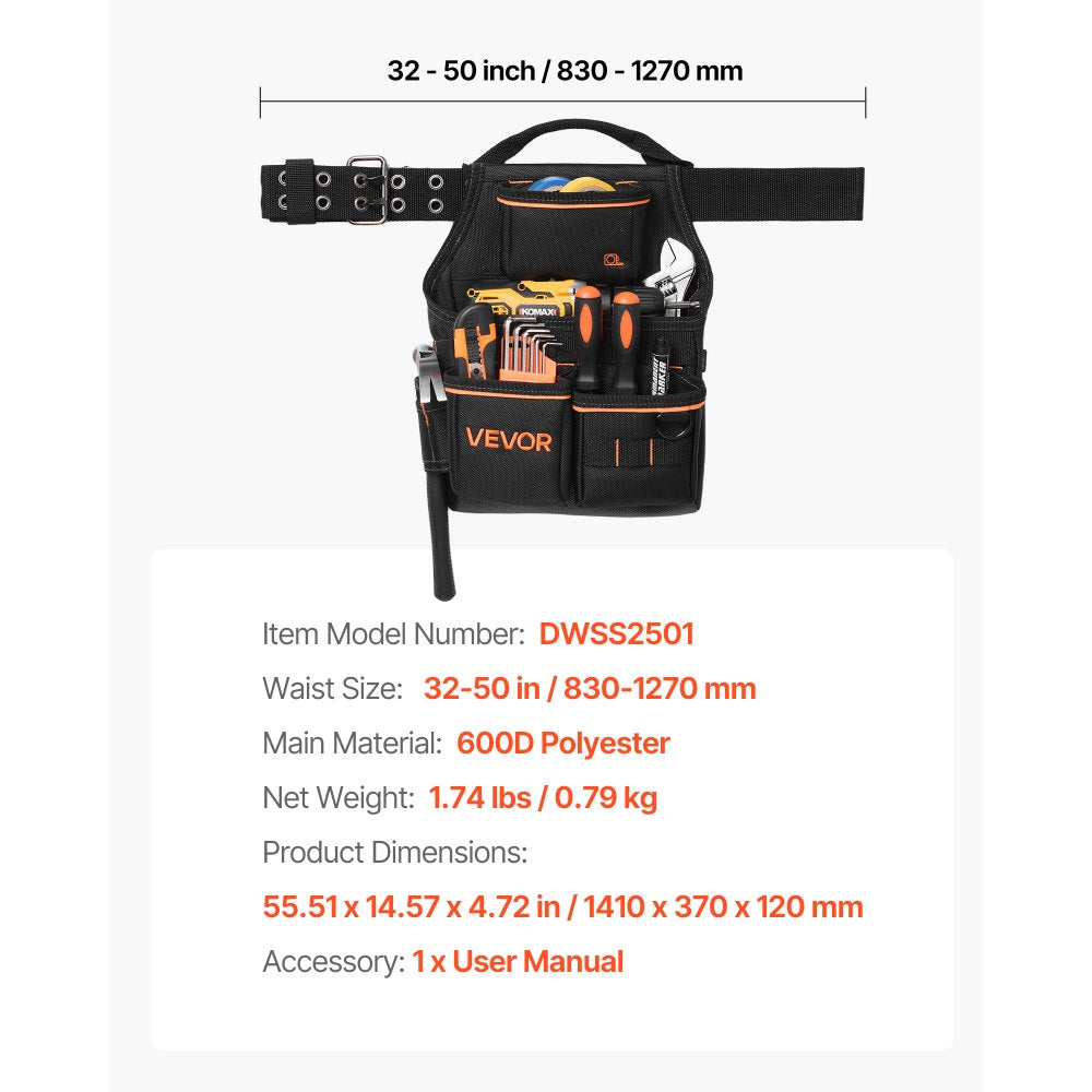VEVOR Tool Pouch with Belt, 14 Pockets Professional Tool Belt Pouch for Men, Heavy Duty Detachable Adjustable Utility Work Bag for Electrician, Carpenter, Construction, Adjusts Waist 32 to 50 Inches