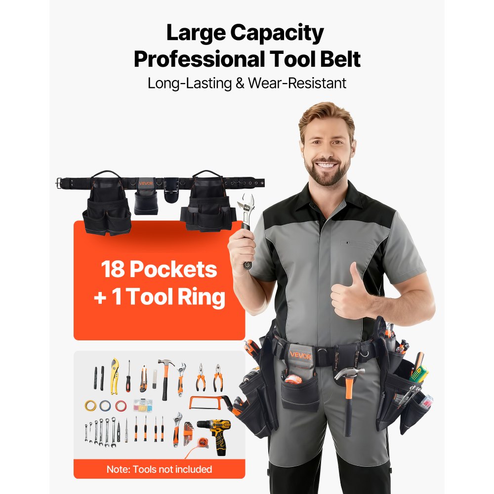 VEVOR Tool Belt, 18 Pockets Professional Tool Pouch for Men, Heavy Duty Adjustable Utility Belt Detachable Work Bag for Electrician, Carpenter, Construction, Work Apron Organizer, Adjusts 31in to 51in