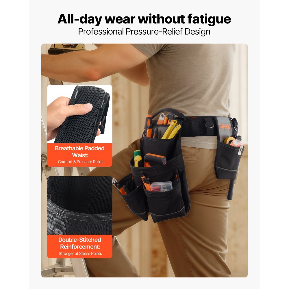 VEVOR Tool Belt, 18 Pockets Professional Tool Pouch for Men, Heavy Duty Adjustable Utility Belt Detachable Work Bag for Electrician, Carpenter, Construction, Work Apron Organizer, Adjusts 31in to 51in