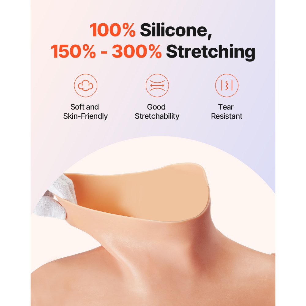 VEVOR Silicone Bodysuit, D-Cup Silicone Breastplate for Crossdressers, Realistic Silk Cotton-Filled Fake Boobs Breast Forms for Transgender Cosplay Drag Queen, Nude