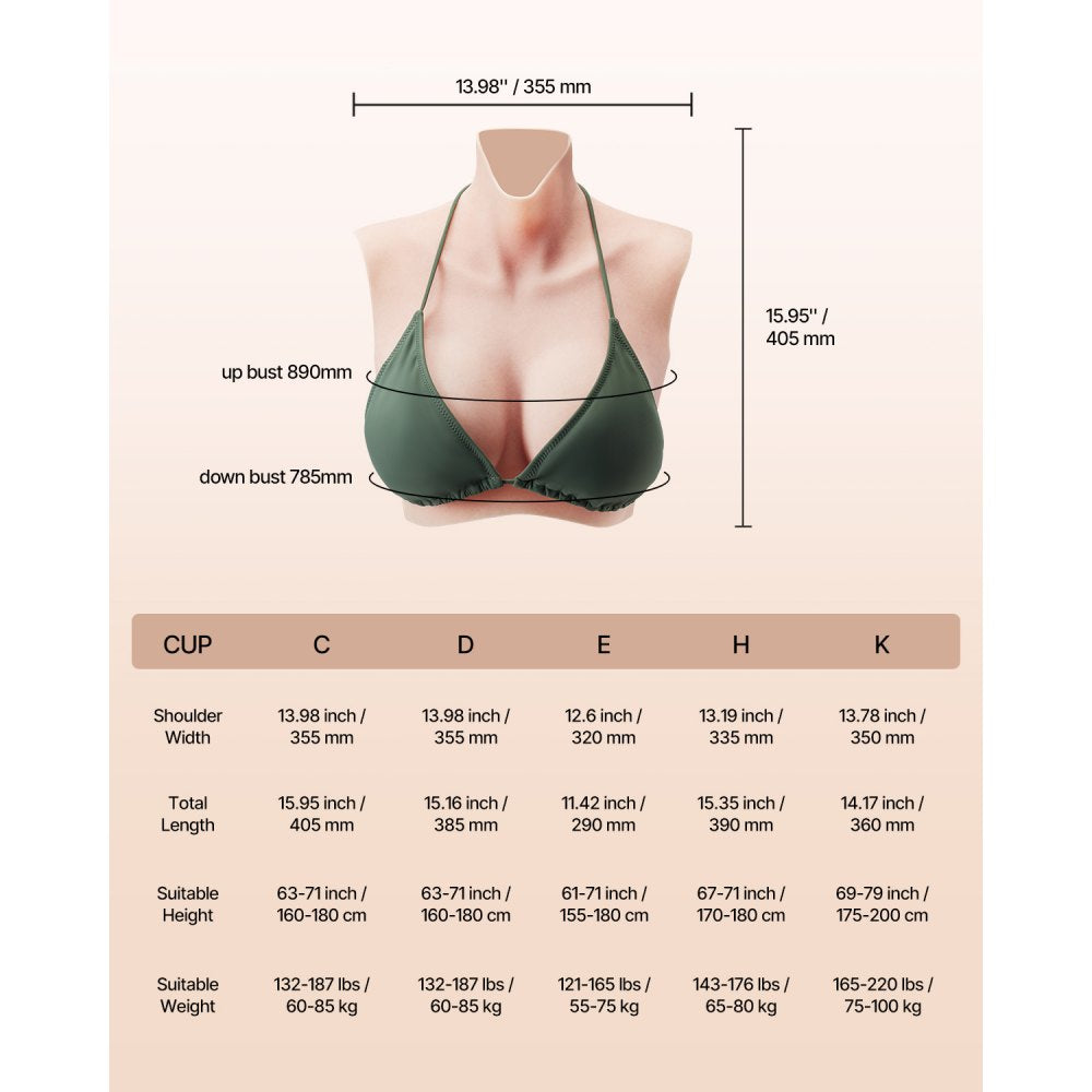 VEVOR Silicone Breastplate, C-Cup High Neckline Fake Breasts for Crossdressers, Realistic Silicone-Filled Fake Boobs Breast Forms for Transgender Cosplay Drag Queen, Ivory
