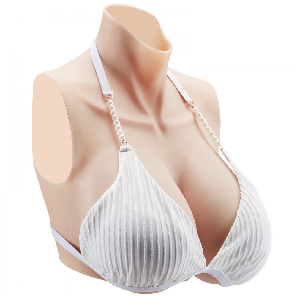 VEVOR Silicone Breastplate, H-Cup High Neckline Fake Breasts for Crossdressers, Realistic Silicone-Filled Fake Boobs Breast Forms for Transgender Cosplay Drag Queen, Ivory