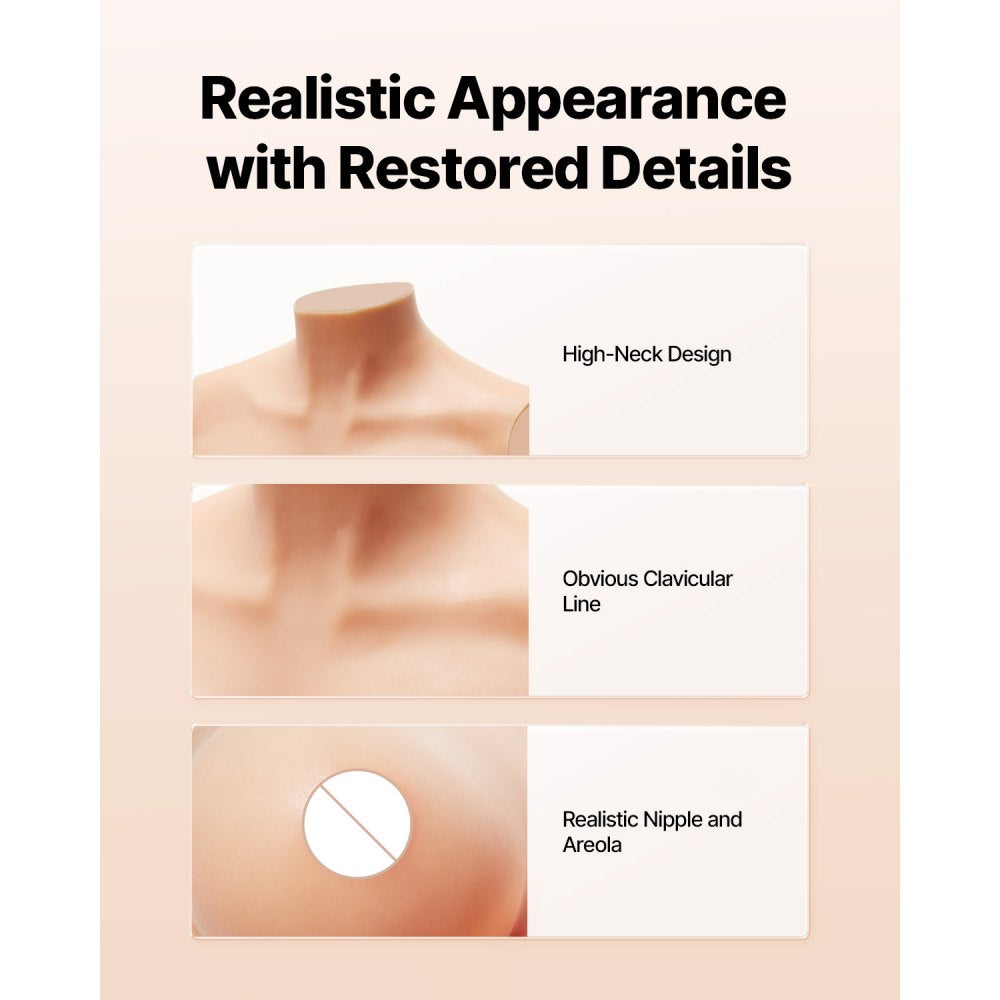VEVOR Silicone Breastplate, E-Cup High Neckline Fake Breasts for Crossdressers, Realistic Silicone-Filled Fake Boobs Breast Forms for Transgender Cosplay Drag Queen, Ivory