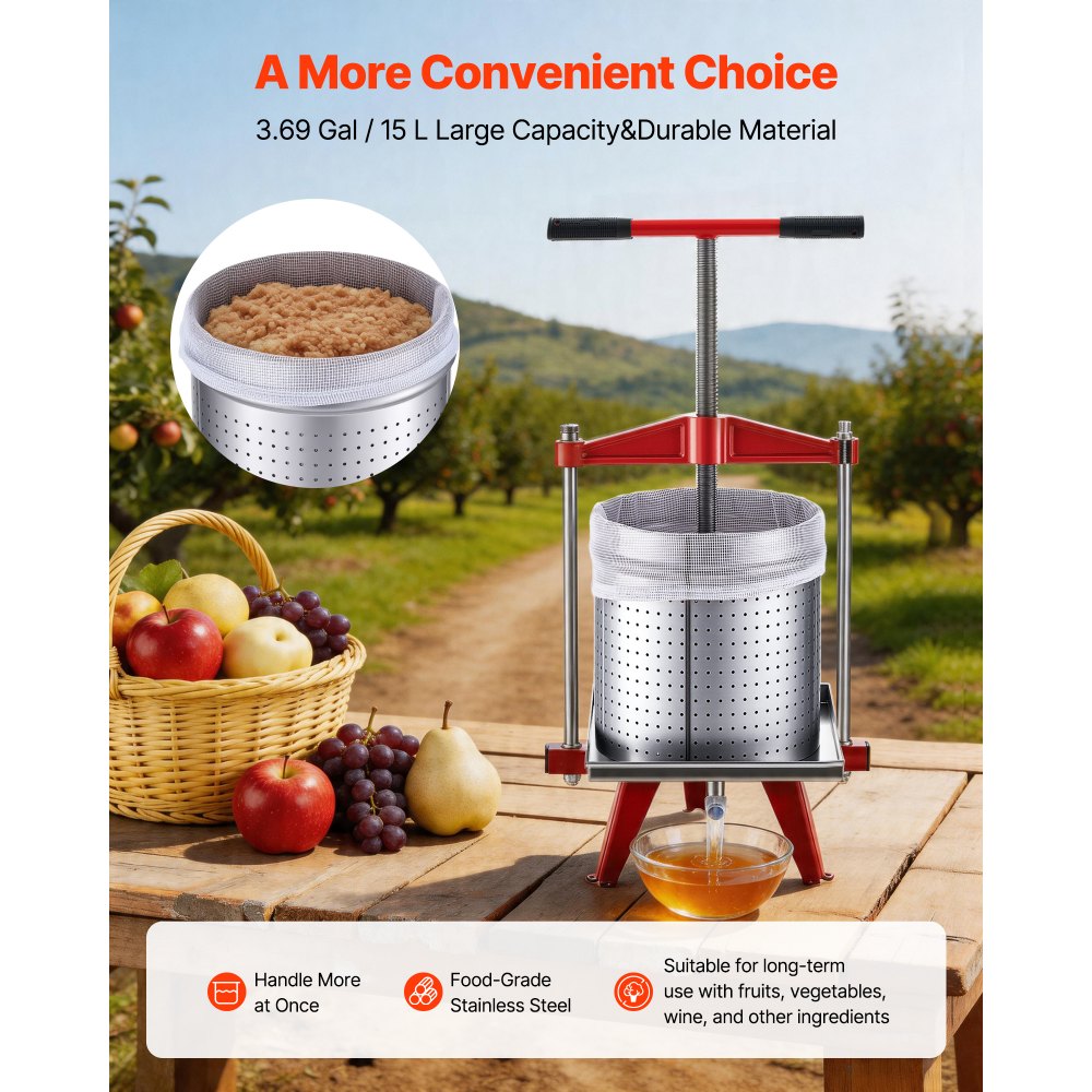 VEVOR Fruit Wine Press, 3.96Gal/15L, Stainless Steel Manual Juice Maker, Heavy Duty T-Shaped Handle & Cross-beam for Cider Apple Grape Vegetable Press, with 2 Filter Bags, for Kitchen Home Brewing