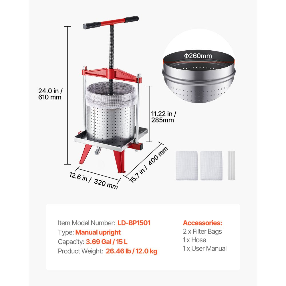 VEVOR Fruit Wine Press, 3.96Gal/15L, Stainless Steel Manual Juice Maker, Heavy Duty T-Shaped Handle & Cross-beam for Cider Apple Grape Vegetable Press, with 2 Filter Bags, for Kitchen Home Brewing