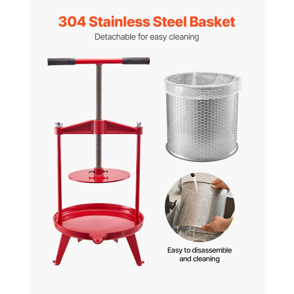 VEVOR 3.69 Gal/14L Fruit Wine Press, Stainless Steel Basket with Cross-beam and Triangular Structure, Manual Juice Maker, Cider Apple Grape Tincture Making Press with T-Handle for Kitchen Home