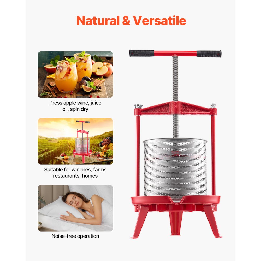 VEVOR 3.69 Gal/14L Fruit Wine Press, Stainless Steel Basket with Cross-beam and Triangular Structure, Manual Juice Maker, Cider Apple Grape Tincture Making Press with T-Handle for Kitchen Home