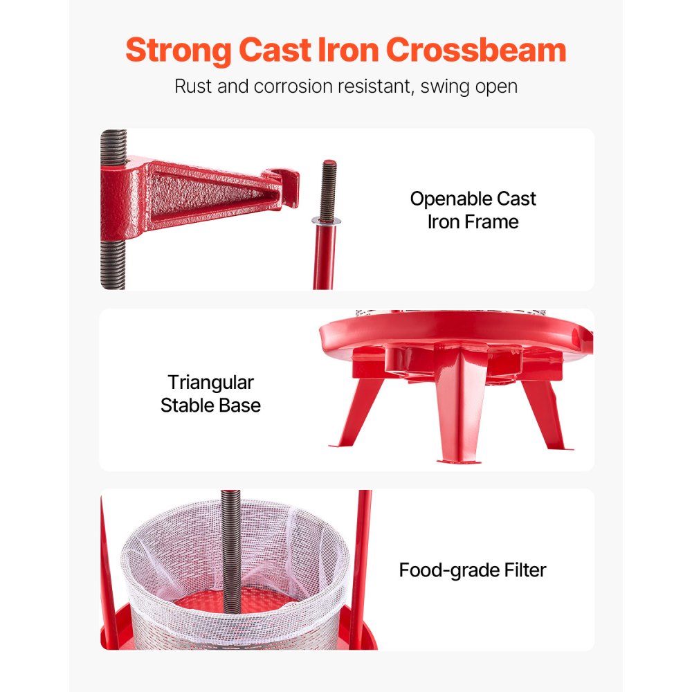 VEVOR 2.38 Gal/9L Fruit Wine Press, Stainless Steel Basket with Cross-beam and Triangular Structure, Manual Juice Maker, Cider Apple Grape Tincture Making Press with T-Handle for Kitchen Home