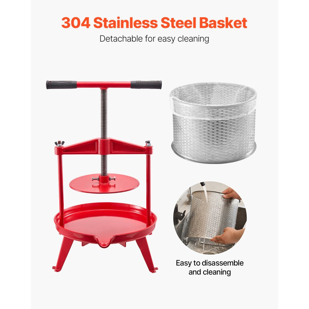 VEVOR 2.38 Gal/9L Fruit Wine Press, Stainless Steel Basket with Cross-beam and Triangular Structure, Manual Juice Maker, Cider Apple Grape Tincture Making Press with T-Handle for Kitchen Home