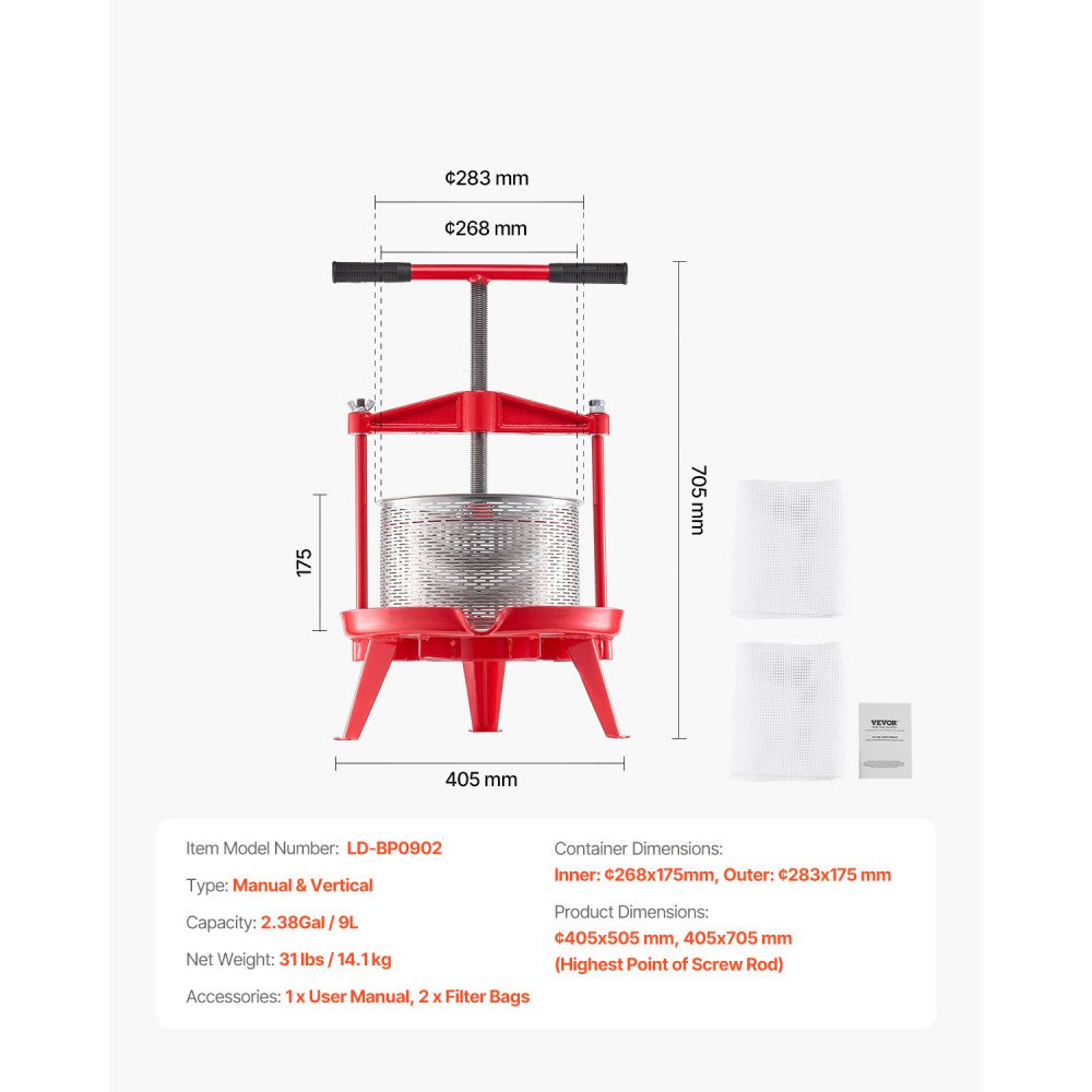 VEVOR 2.38 Gal/9L Fruit Wine Press, Stainless Steel Basket with Cross-beam and Triangular Structure, Manual Juice Maker, Cider Apple Grape Tincture Making Press with T-Handle for Kitchen Home