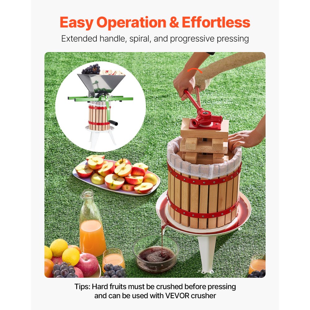 VEVOR 3.2 Gal/12L Fruit Wine Press, Solid Wood Basket with 8 Blocks, Heavy Duty Manual Juice Maker, Cider Apple Grape Tincture Honey Olive Oil Making Press with Handle for Kitchen, Home