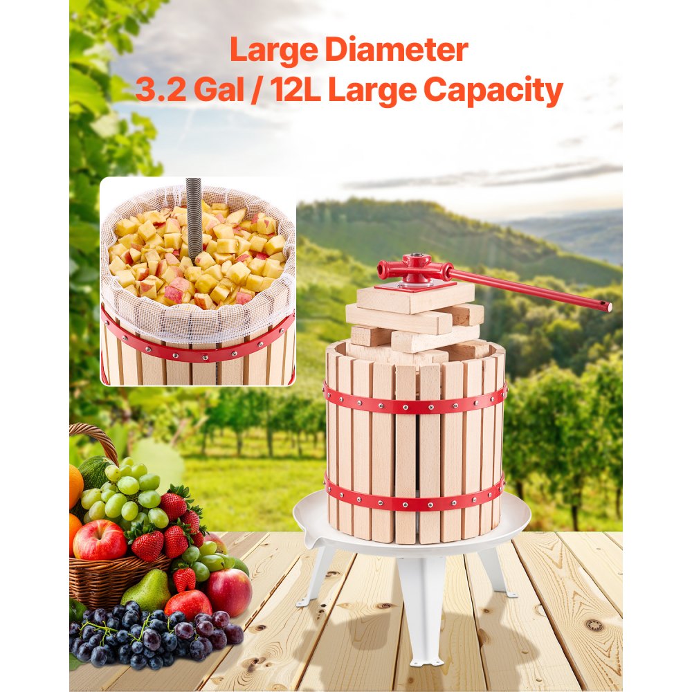 VEVOR 3.2 Gal/12L Fruit Wine Press, Solid Wood Basket with 8 Blocks, Heavy Duty Manual Juice Maker, Cider Apple Grape Tincture Honey Olive Oil Making Press with Handle for Kitchen, Home