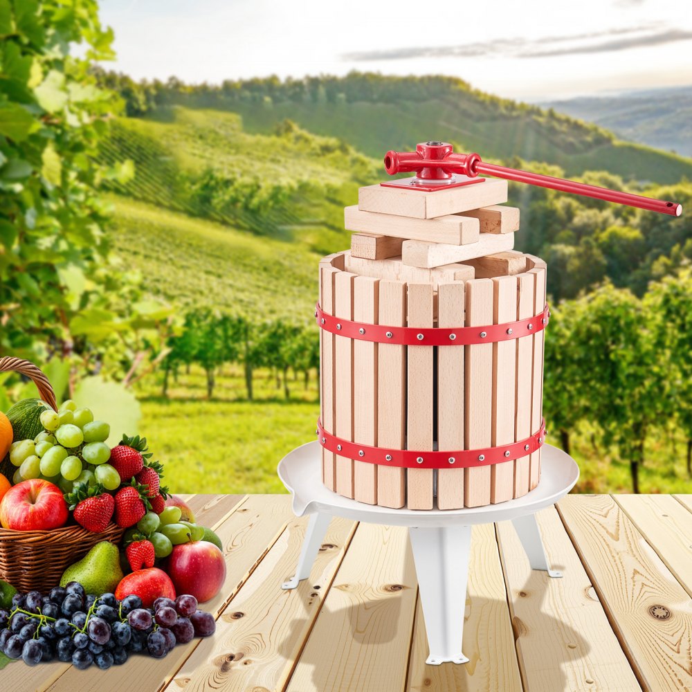 VEVOR 3.2 Gal/12L Fruit Wine Press, Solid Wood Basket with 8 Blocks, Heavy Duty Manual Juice Maker, Cider Apple Grape Tincture Honey Olive Oil Making Press with Handle for Kitchen, Home
