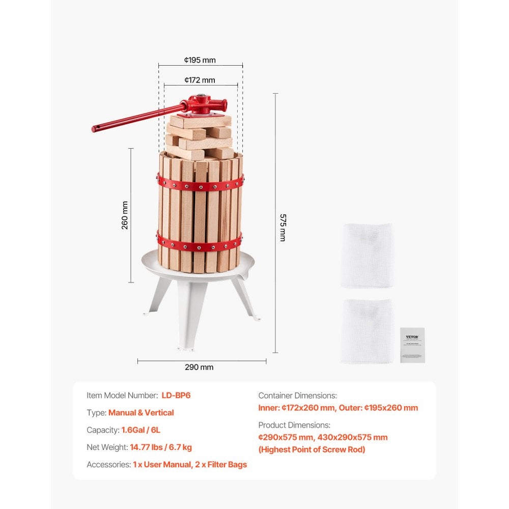 VEVOR 1.6 Gal/6L Fruit Wine Press, Solid Wood Basket with 8 Blocks, Heavy Duty Manual Juice Maker, Cider Apple Grape Tincture Honey Olive Oil Making Press with Handle for Kitchen, Home