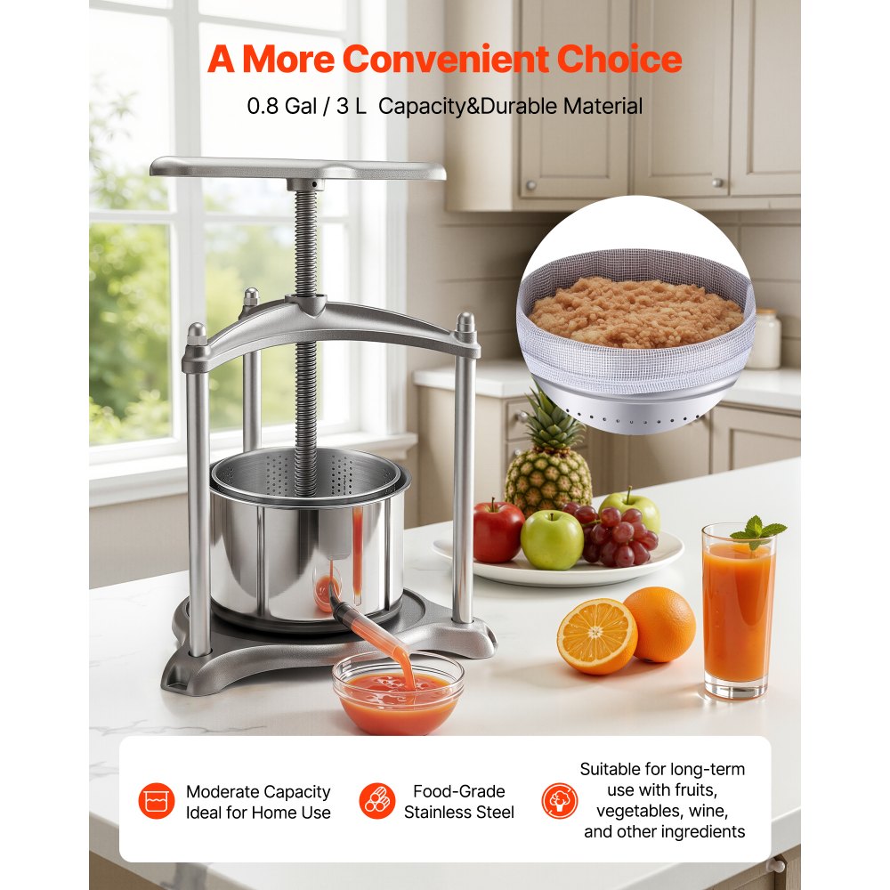 VEVOR Fruit Wine Press, 0.8 Gallon/3L, Stainless Steel Manual Juice Maker with Powerful T-Shaped Handle, Juice Making for Apple/Grape/Orange/Berry, Cheese/Tincture/Herbal Press, for Kitchen Home
