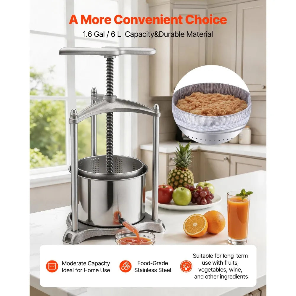 VEVOR Fruit Wine Press, 1.6 Gallon/6L, Stainless Steel Manual Juice Maker with Powerful T-Shaped Handle, Juice Making for Apple/Grape/Orange/Berry, Cheese/Tincture/Herbal Press, for Kitchen Home