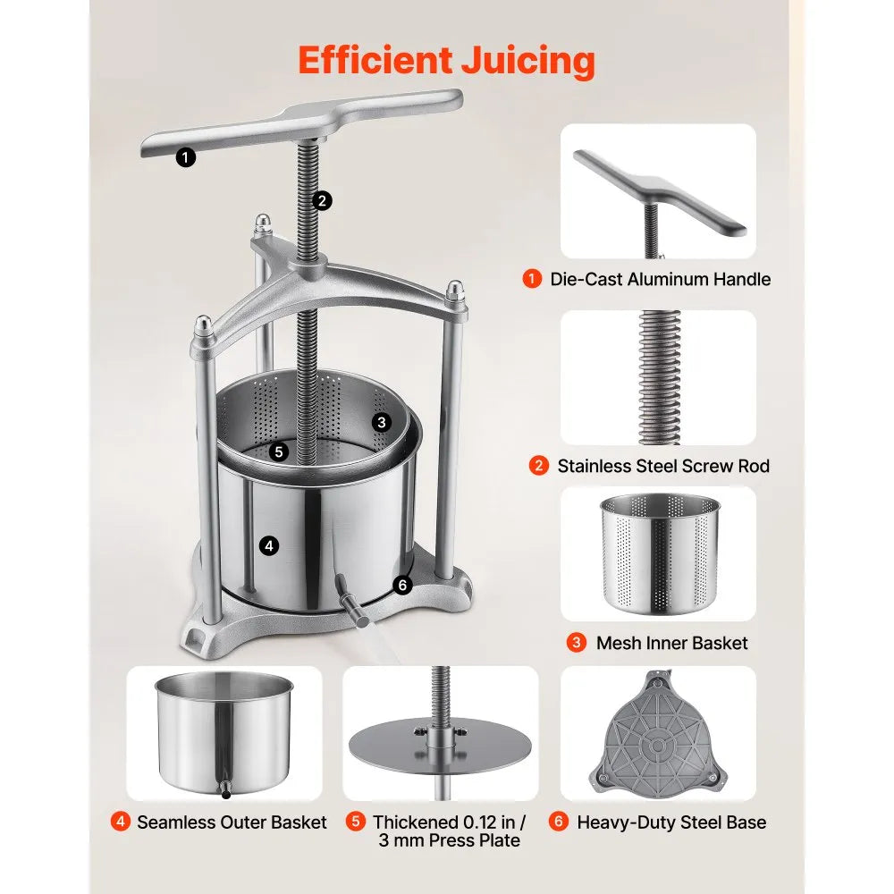 VEVOR Fruit Wine Press, 1.6 Gallon/6L, Stainless Steel Manual Juice Maker with Powerful T-Shaped Handle, Juice Making for Apple/Grape/Orange/Berry, Cheese/Tincture/Herbal Press, for Kitchen Home