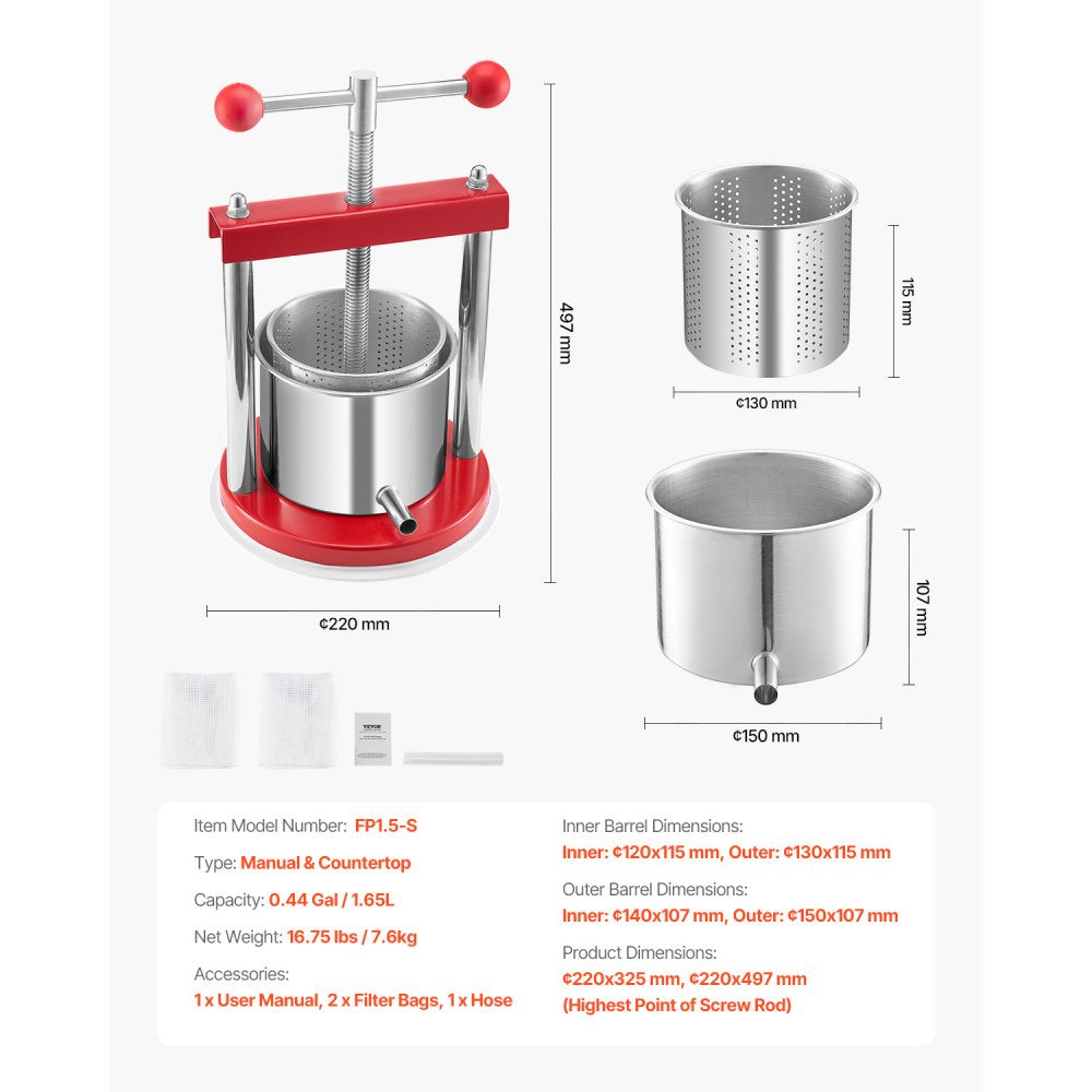 VEVOR 0.44 Gal/1.65L Fruit Wine Press, 2 Stainless Steel Barrels, Manual Juice Maker, Cider Apple Grape Tincture Honey Olive Oil Making Press with T-Handle for Outdoor Kitchen Home