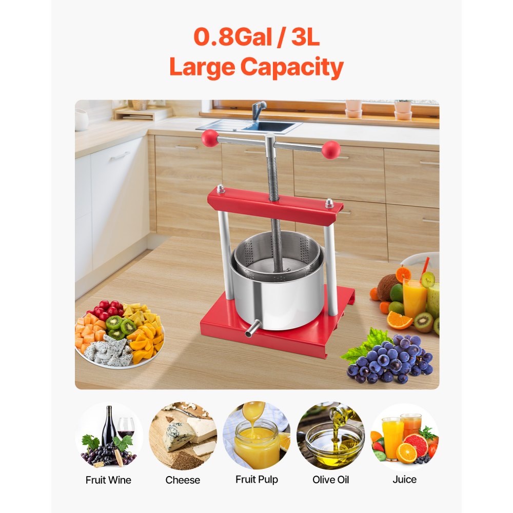 VEVOR 0.8 Gal/3L Fruit Wine Press, 2 Stainless Steel Barrels, Manual Juice Maker, Cider Apple Grape Tincture Honey Olive Oil Making Press with T-Handle for Outdoor Kitchen Home