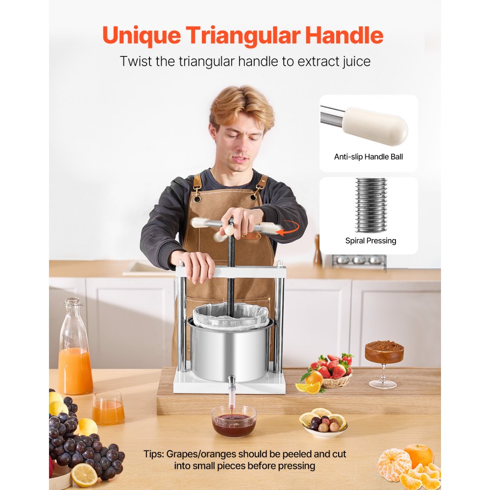 VEVOR 1.45 Gal/5L Fruit Wine Press, 2 Stainless Steel Barrels, Manual Juice Maker, Cider Apple Grape Tincture Honey Olive Oil Making Press with Triangular Handle for Outdoor Kitchen Home