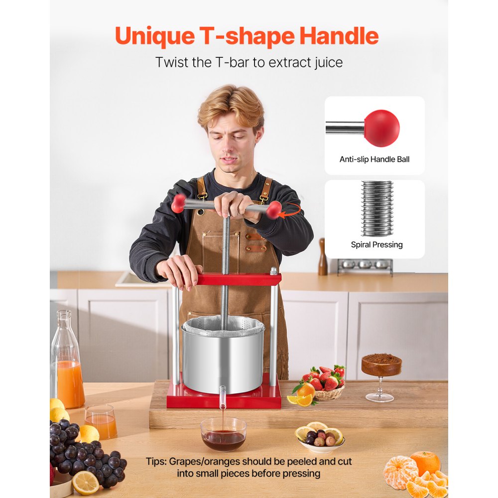 VEVOR 1.6 Gal/6L Fruit Wine Press, 2 Stainless Steel Barrels, Manual Juice Maker, Cider Apple Grape Tincture Honey Olive Oil Making Press with T-Handle for Outdoor Kitchen Home