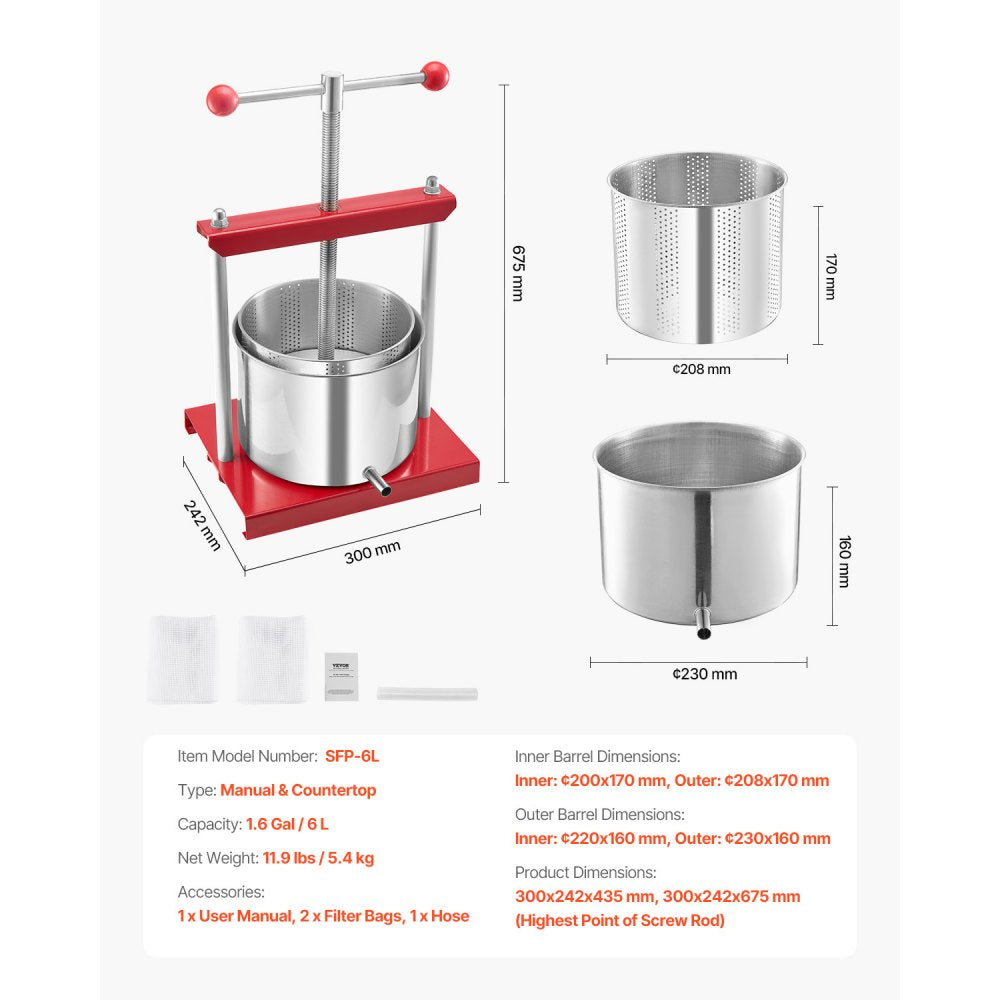 VEVOR 1.6 Gal/6L Fruit Wine Press, 2 Stainless Steel Barrels, Manual Juice Maker, Cider Apple Grape Tincture Honey Olive Oil Making Press with T-Handle for Outdoor Kitchen Home
