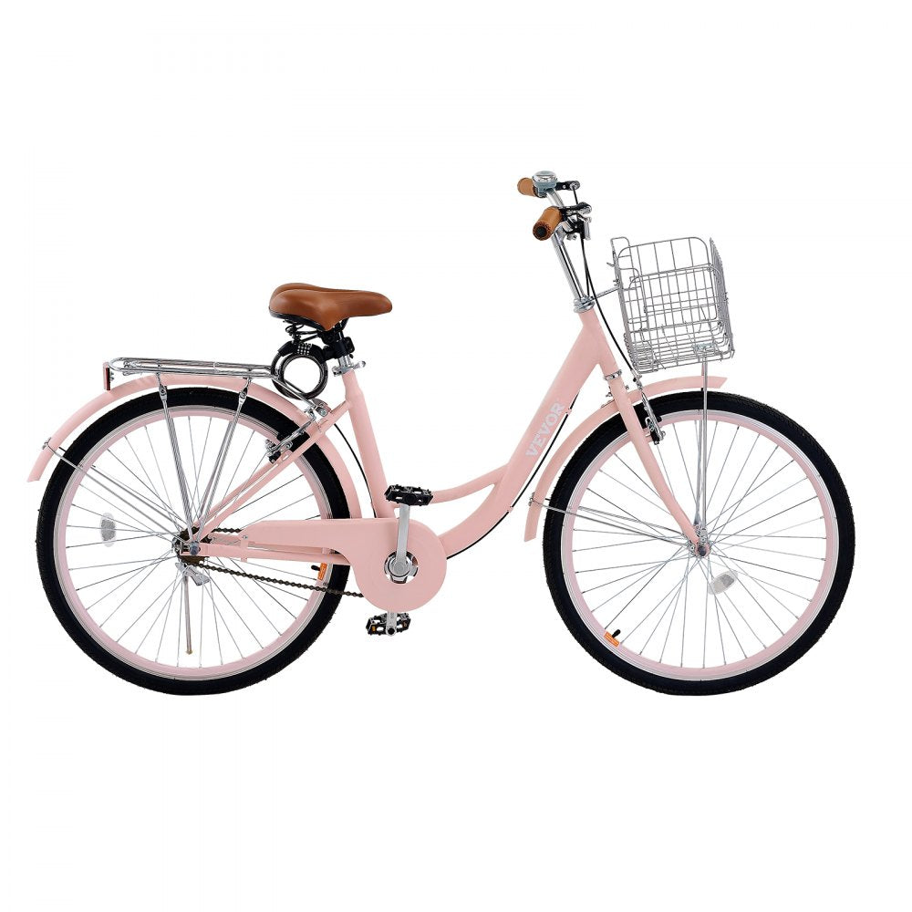 VEVOR Cruiser Bike, 1-Speed, 26-Inch Pink Beach Cruiser Bike with Large Capacity Basket and Rear Rack, Secure & Sturdy Cruiser Bike with Adjustable Seat, Fits for Cycling, Exercise & Shopping
