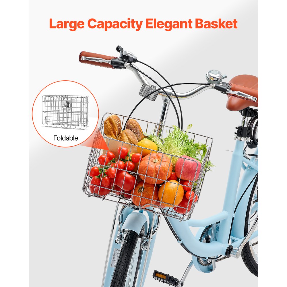 VEVOR Cruiser Bike, 7-Speed, 26-Inch Light Blue Beach Cruiser Bike with Large Capacity Basket and Rear Rack, Secure & Sturdy Cruiser Bike with Adjustable Seat, Fits for Cycling, Exercise & Shopping
