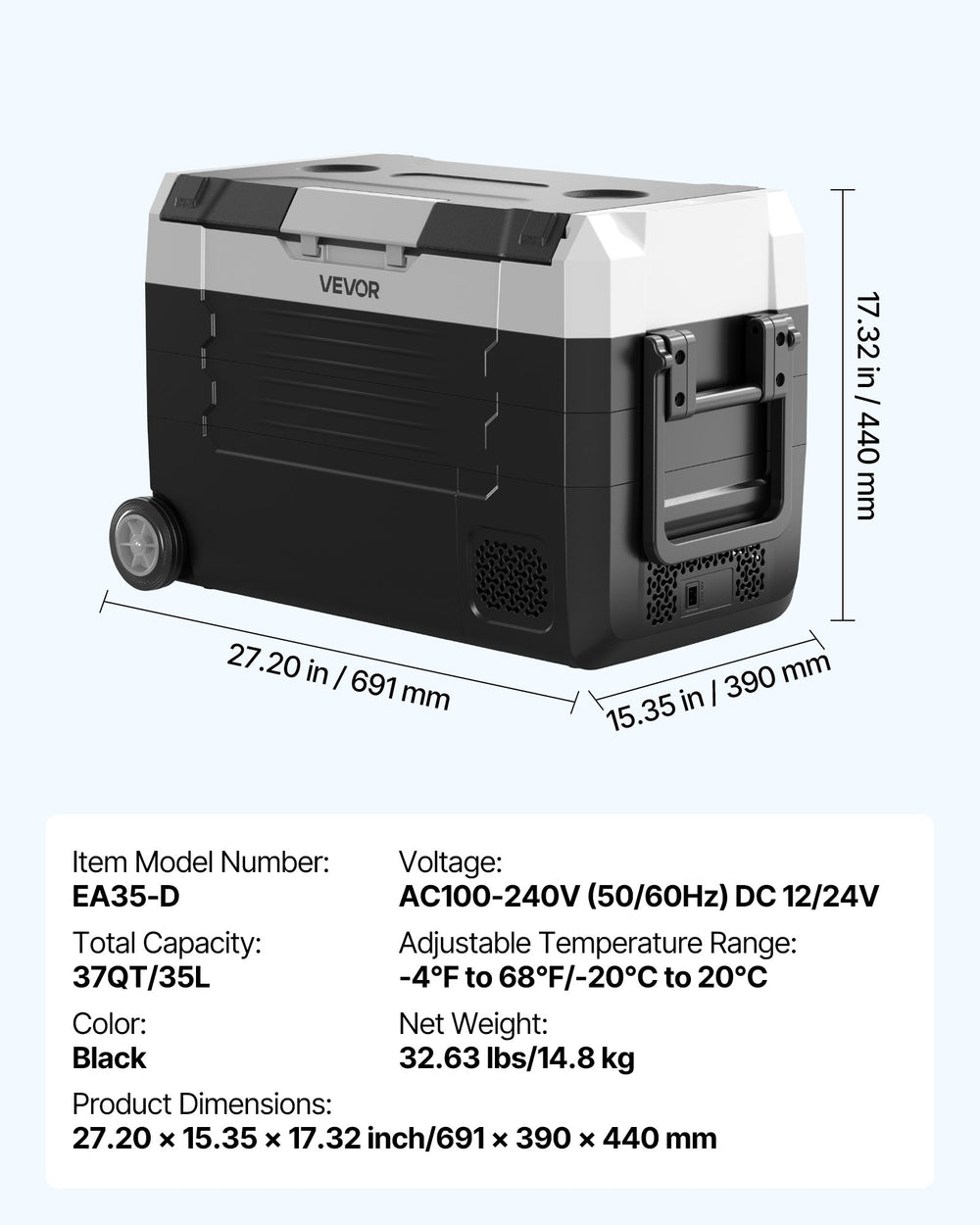 VEVOR Car Refrigerator, DC 12/24V AC100-240V Compressor Electric Cooler, -4°F to 68°F Truck Refrigerator with APP Control, Wheels & Dual Zone, 37 QT Cars Cooler for RVs, Boats, Camping, Fishing